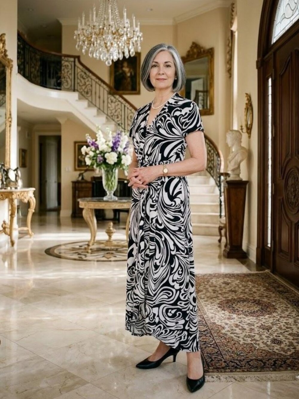 MICHAEL KORS Black & White Abstract Print V-Neck Hi/Lo Hem Maxi Dress Size-2 NWT - Picture 6 of 12
